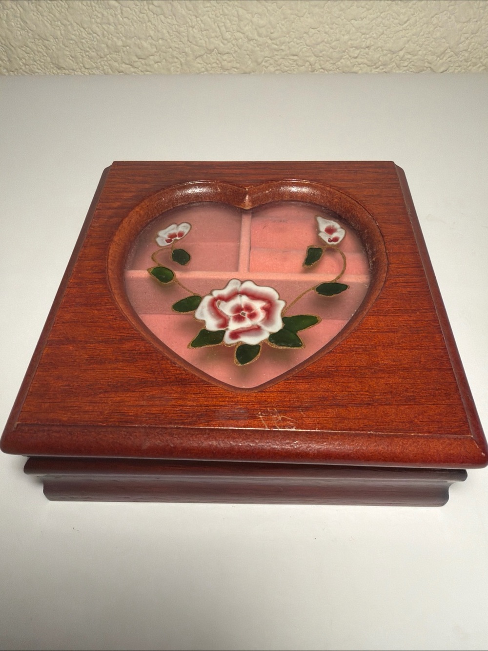 Wooden Heart Jewelry Box with Pink Floral Inlay